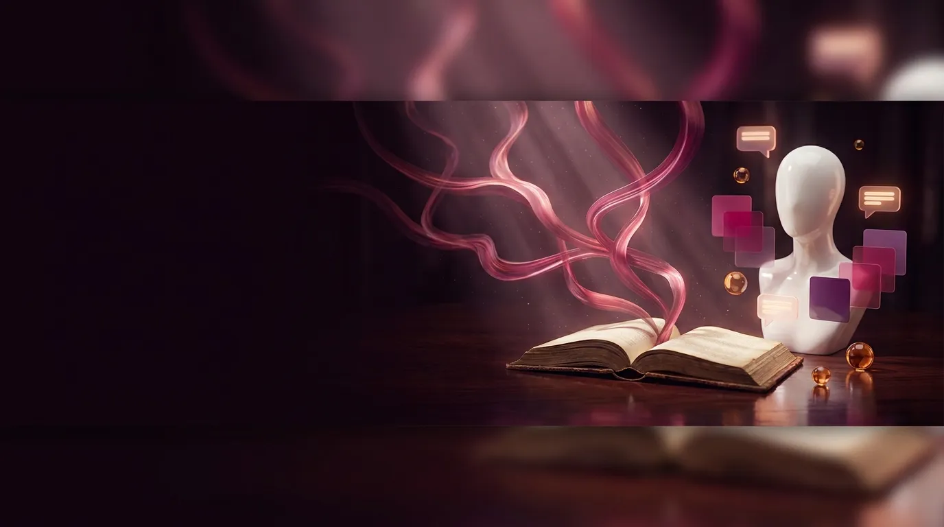 Cinematic 3D render of glowing rose ribbons from an open antique storybook beside a porcelain mannequin bust with floating co
