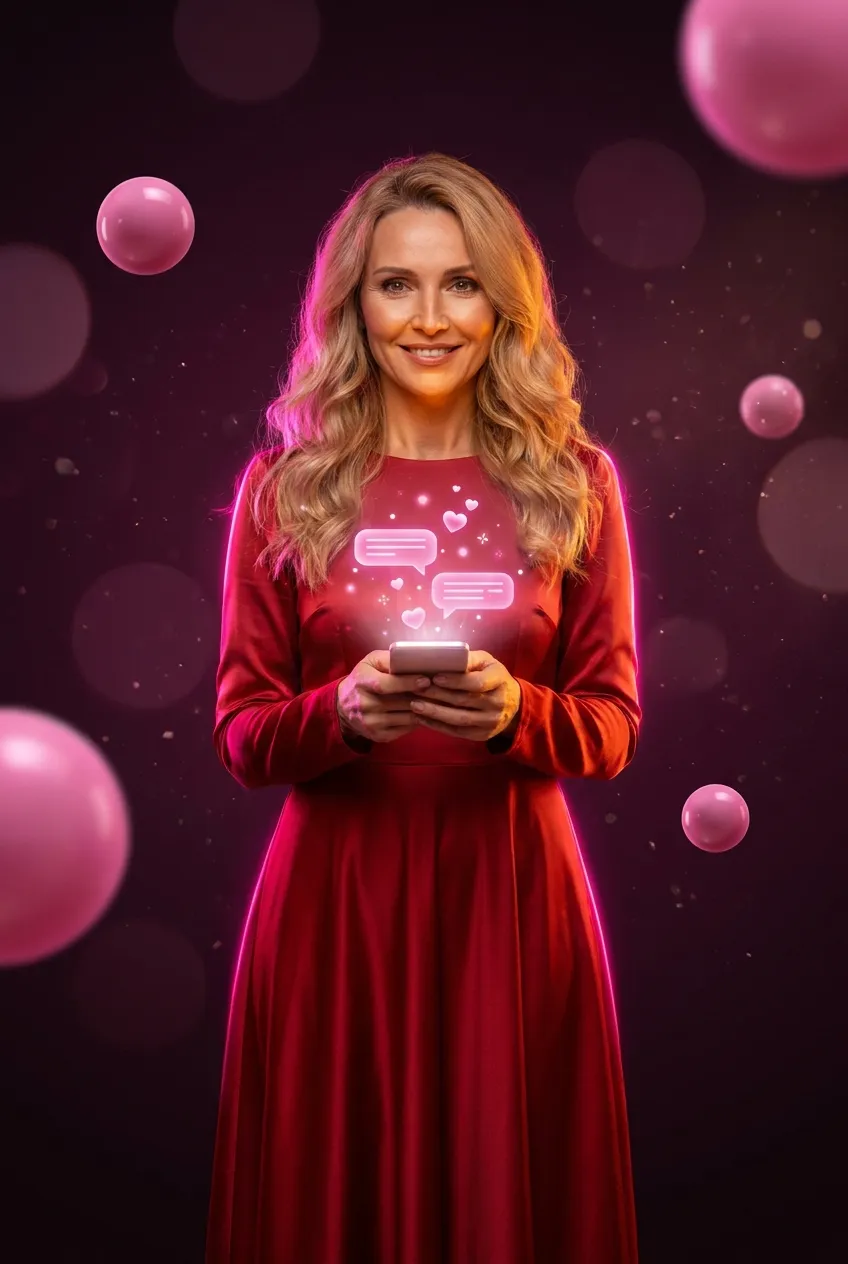 Elegant adult woman in red satin midi dress holding glowing smartphone with pink chat bubbles, magenta neon rim light, dark p
