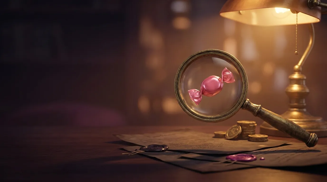 Brass magnifying glass hovering over a glossy pink candy on dark wax-sealed documents with golden tokens under warm amber lig