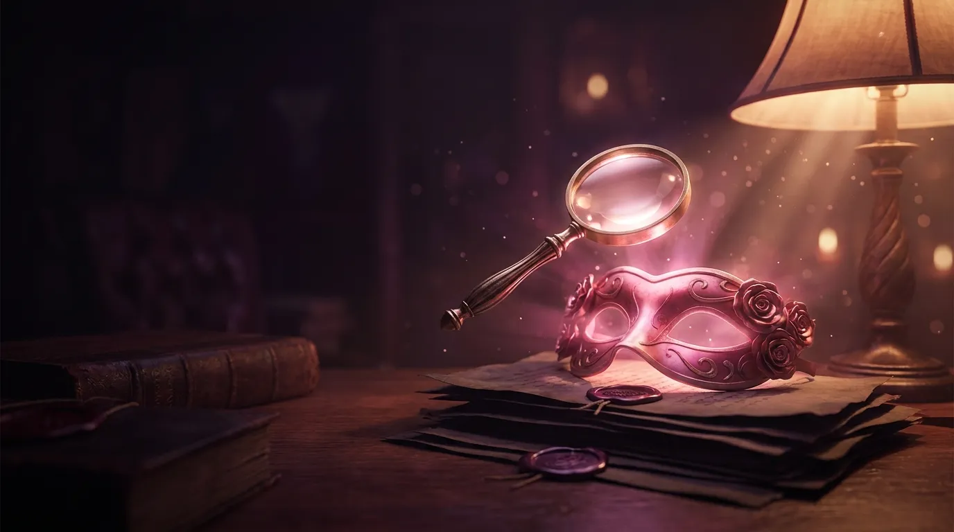 Brass magnifying glass hovering over a glowing rose masquerade mask on dark wax-sealed documents under warm amber antique des
