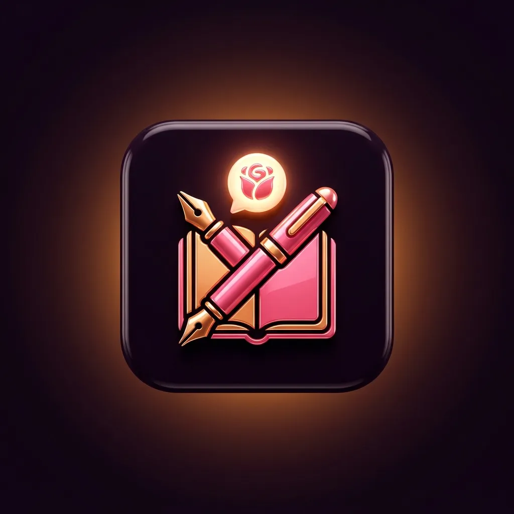 3D minimal emblem featuring a fountain pen crossing an open notebook with a glowing rose chat bubble on deep plum background