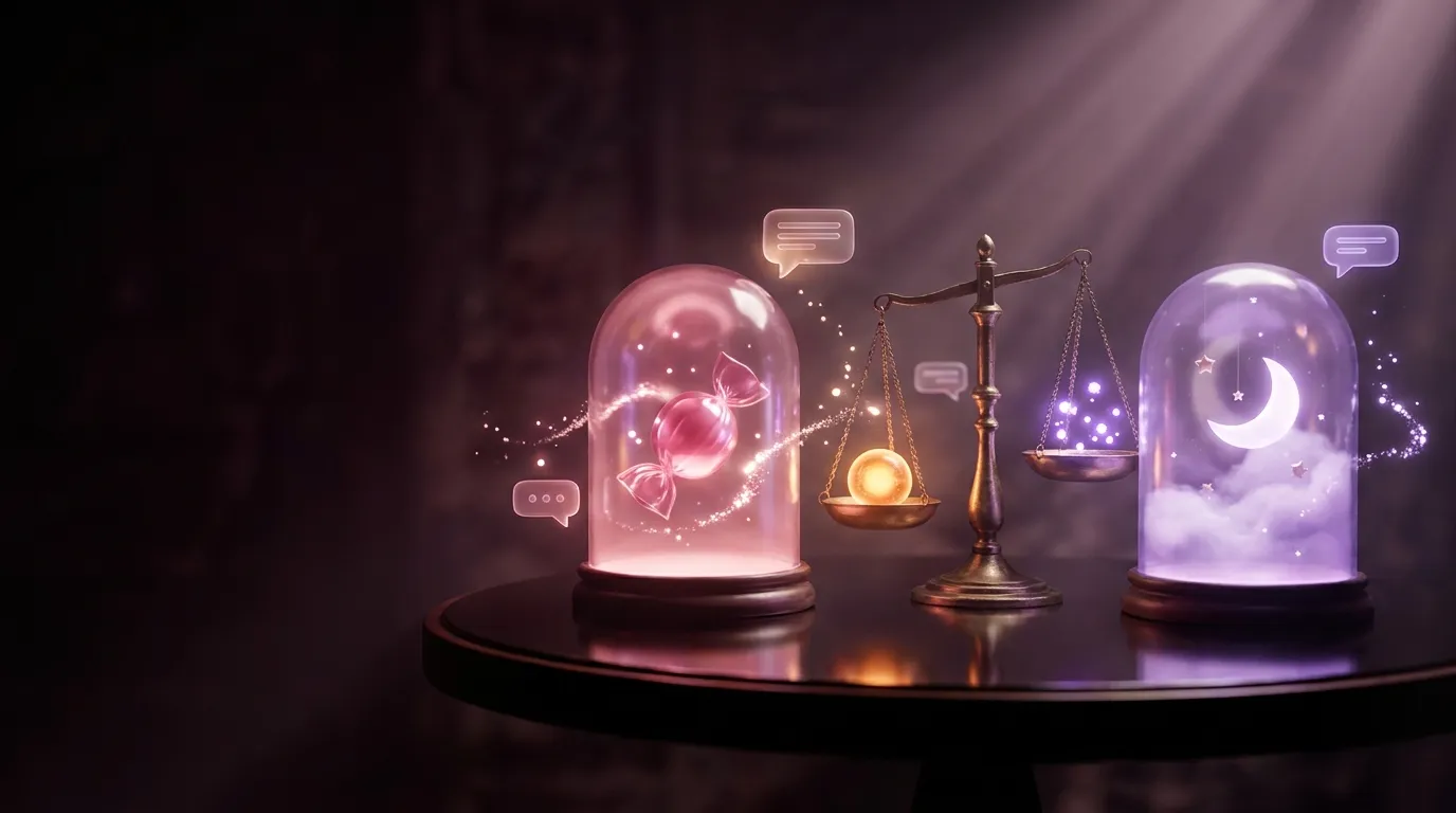 Two glowing glass display domes on dark mirrored table flanking an antique brass balance scale, left dome with pink candy in 