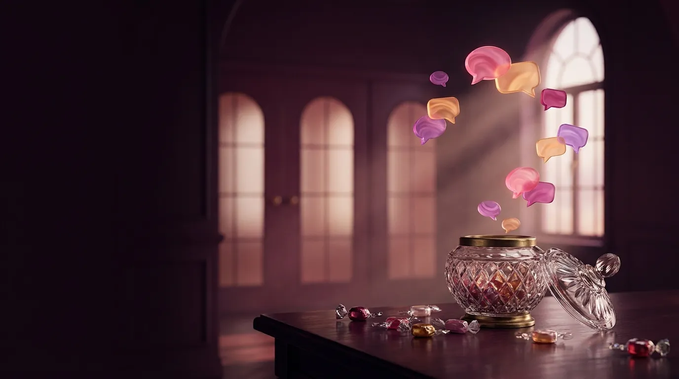 Cinematic 3D render of ornate glass jar releasing glowing rose, amber and violet chat bubbles drifting toward three softly li