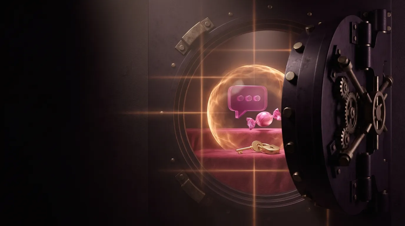 Cinematic 3D render of a heavy vault door ajar revealing a glowing rose chat bubble and pink candy behind a light shield, bra
