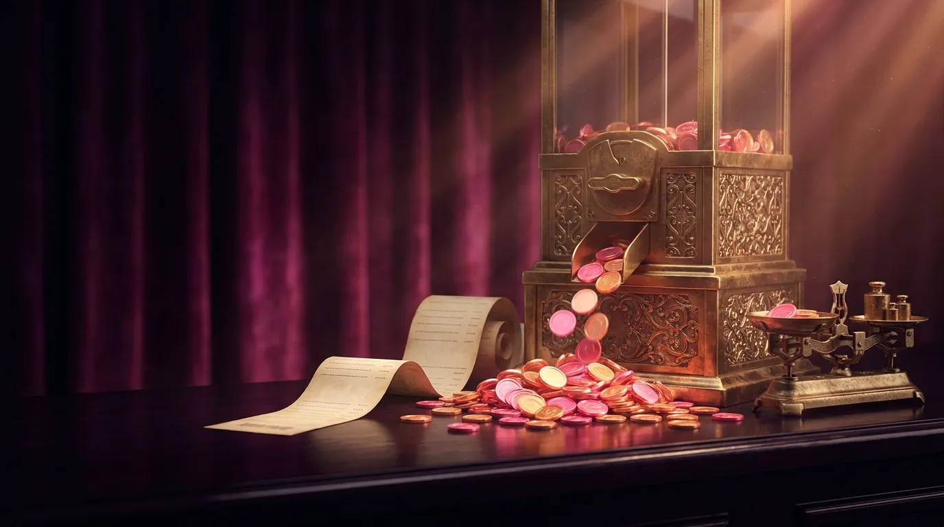 Elegant vintage brass coin-operated candy machine on dark counter with glowing rose and amber tokens pouring from chute, bras