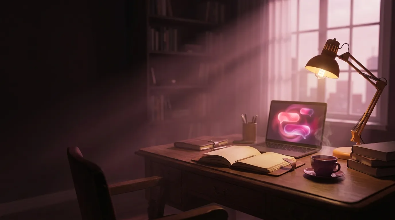 Cinematic 3D render of a writer's desk at night featuring open notebook, glowing laptop chat bubbles, amber lamp, and rose li